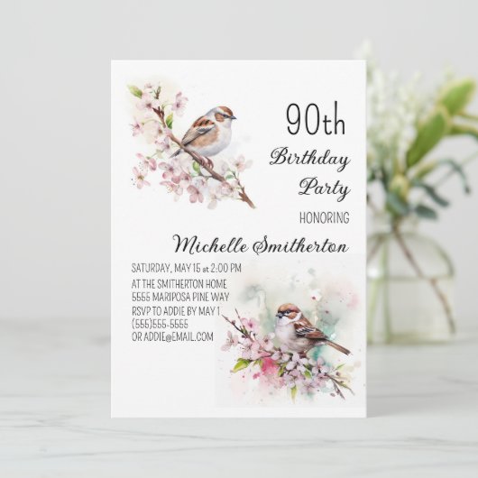 小さなスズメさくらんぼの花春90誕生日 招待状 (スタンド正面)