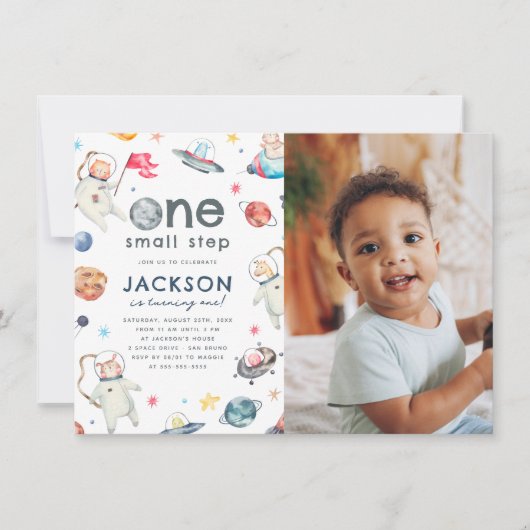 小さなステップ1つ |宇宙動物の最初の誕生日の写真 招待状 (正面)