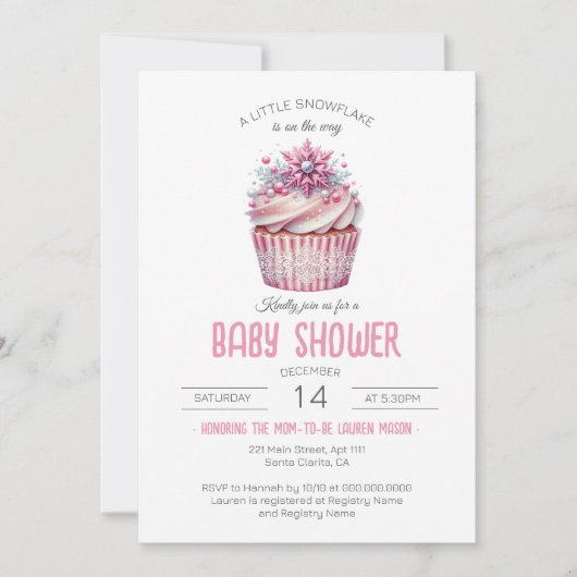 小さなスノーフレークのカップケーキピンクの女の子の赤ちゃんシャワー 招待状 (正面)