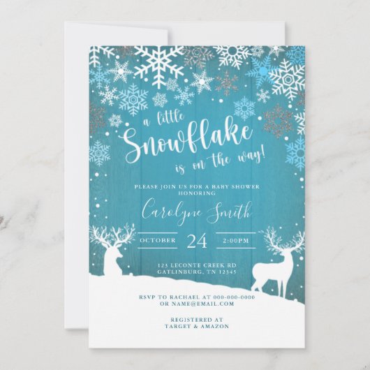 小さなスノーフレークのクリスマスベビーシャワーの招待 招待状 (正面)