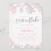 小さなスノーフレークのシルバーピンクの冬の赤ちゃんシャワー 招待状 (正面/裏面)