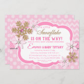 小さなスノーフレークのピンクと金ゴールドグリッターベビーシャワー 招待状 (正面/裏面)