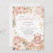 小さなスノーフレークのピンクのフローラクマ赤ちゃんシャワー 招待状 (正面)