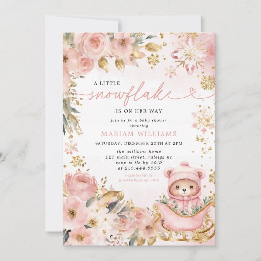 小さなスノーフレークのピンクのフローラクマ赤ちゃんシャワー 招待状 (正面)