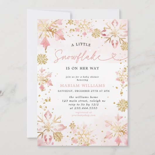 小さなスノーフレークのピンクのフローラクマ赤ちゃんシャワー 招待状 (正面)