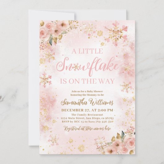 小さなスノーフレークのピンクの冬の女の子の赤ちゃんシャワー 招待状 (正面)