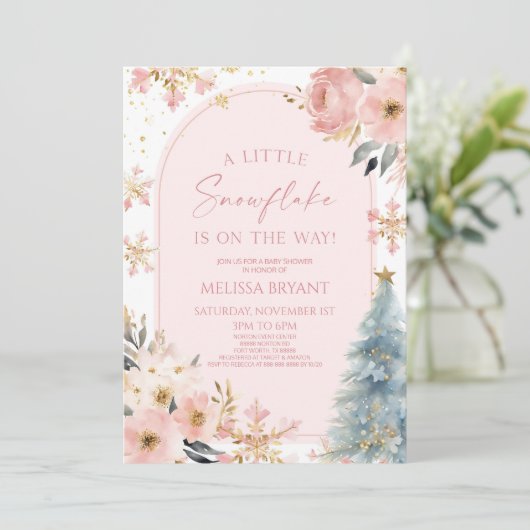小さなスノーフレークのピンクの冬の赤ちゃんシャワー 招待状 (スタンド正面)