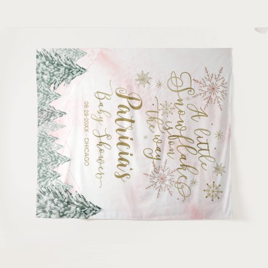 小さなスノーフレークのピンクの赤ちゃんシャワーの背景 タペストリー (正面(横))