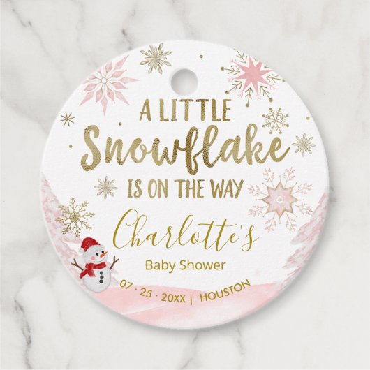小さなスノーフレークのピンクの赤ちゃんシャワーメッセージカード フェイバータグ (正面)