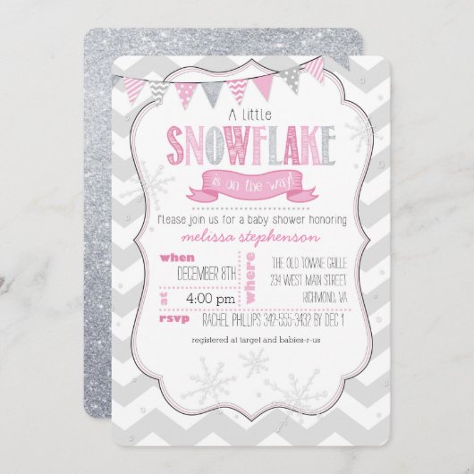 小さなスノーフレークのピンクの赤ちゃんシャワー招待状 招待状 (正面/裏面)