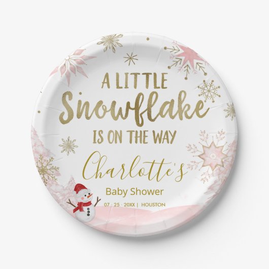 小さなスノーフレークのピンクの赤ちゃんシャワー ペーパープレート (正面)