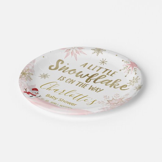 小さなスノーフレークのピンクの赤ちゃんシャワー ペーパープレート (アングル)