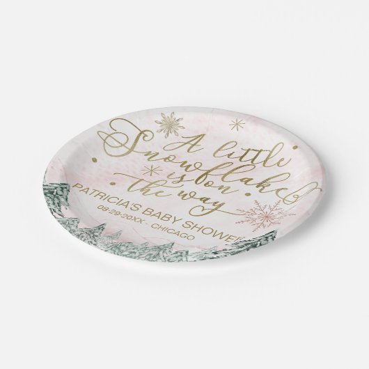 小さなスノーフレークのピンクの赤ちゃんシャワー ペーパープレート (アングル)