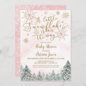 小さなスノーフレークのピンクの赤ちゃんシャワー 招待状 (正面/裏面)