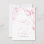 小さなスノーフレークのピンクボウの赤ちゃんシャワー サンキューカード (正面)