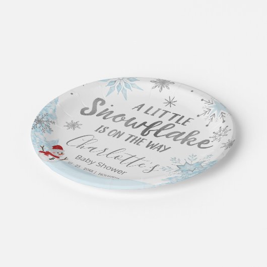 小さなスノーフレークのブルーベビーシャワー ペーパープレート (アングル)