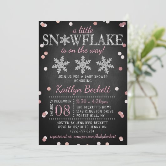 小さなスノーフレークの女の子の冬の赤ちゃんシャワー 招待状 (スタンド正面)