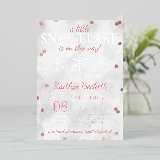 小さなスノーフレークの女の子の冬の赤ちゃんシャワ実在ー 箔招待状 (立ち正面)