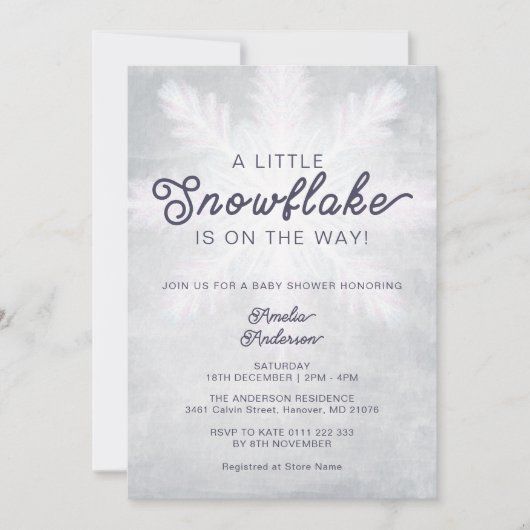 小さなスノーフレークの灰色の海軍の赤ちゃんシャワー 招待状 (正面)