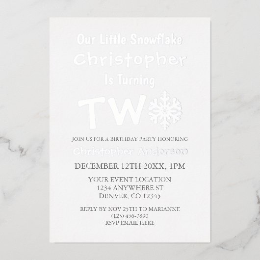 小さなスノーフレークの第2の誕生日 箔招待状 (正面)