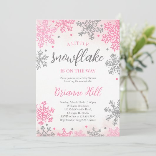 小さなスノーフレークの赤ちゃんシャワーをピンク色にする 招待状 (スタンド正面)