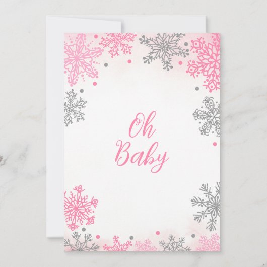 小さなスノーフレークの赤ちゃんシャワーをピンク色にする 招待状 (裏面)