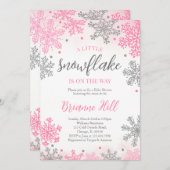 小さなスノーフレークの赤ちゃんシャワーをピンク色にする 招待状 (正面/裏面)