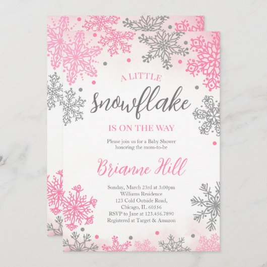小さなスノーフレークの赤ちゃんシャワーをピンク色にする 招待状 (正面/裏面)