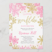 小さなスノーフレークの赤ちゃんシャワーをピンク色にする 招待状 (正面/裏面)