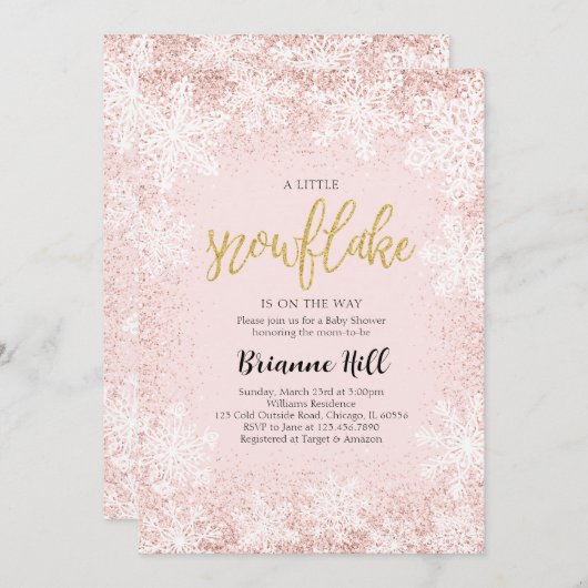 小さなスノーフレークの赤ちゃんシャワーをピンク色にする 招待状 (正面/裏面)