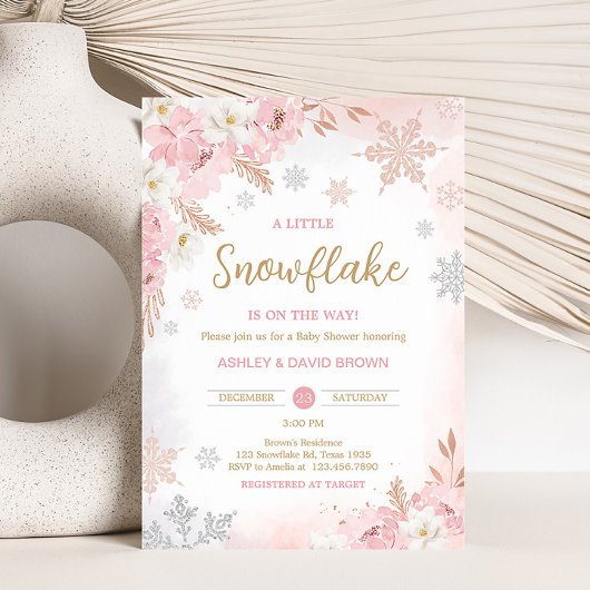 小さなスノーフレークの赤ちゃんシャワーをピンク色にする 招待状