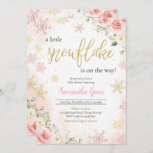 小さなスノーフレークの赤ちゃんシャワーをピンク色にする 招待状 (正面/裏面)