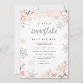 小さなスノーフレークの赤ちゃんシャワーをピンク色にする 招待状 (正面)