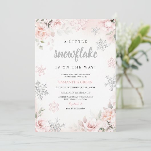 小さなスノーフレークの赤ちゃんシャワーをピンク色にする 招待状 (スタンド正面)