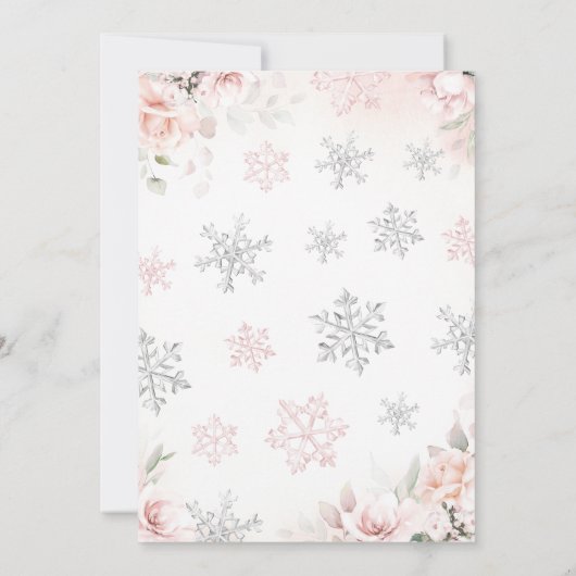 小さなスノーフレークの赤ちゃんシャワーをピンク色にする 招待状 (裏面)