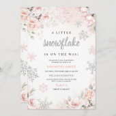 小さなスノーフレークの赤ちゃんシャワーをピンク色にする 招待状 (正面/裏面)