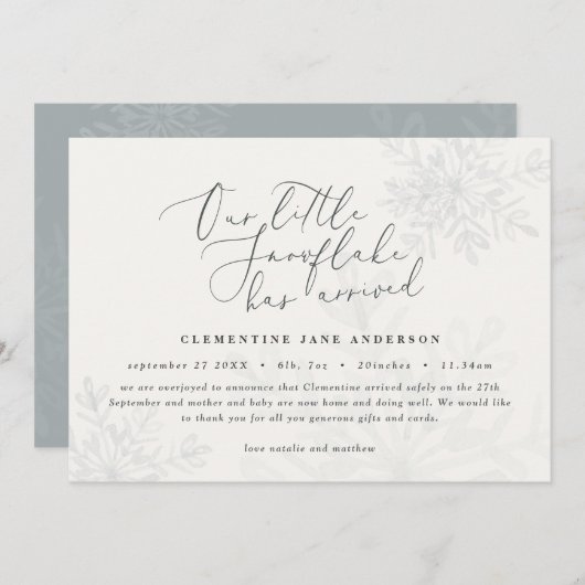 小さなスノーフレークの青い冬の写真エレガント誕生 (正面/裏面)