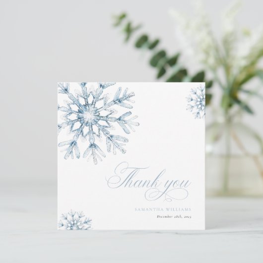 小さなスノーフレークの青い赤ちゃんシャワーサンキューカード サンキューカード (スタンド正面)