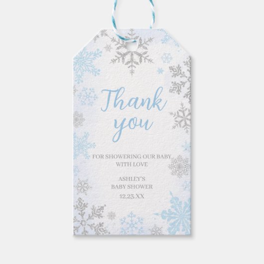 小さなスノーフレークの青い赤ちゃんシャワーメッセージカード ギフトタグ (正面)