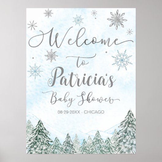 小さなスノーフレークの青い赤ちゃんシャワー歓迎サイン ポスター (正面)