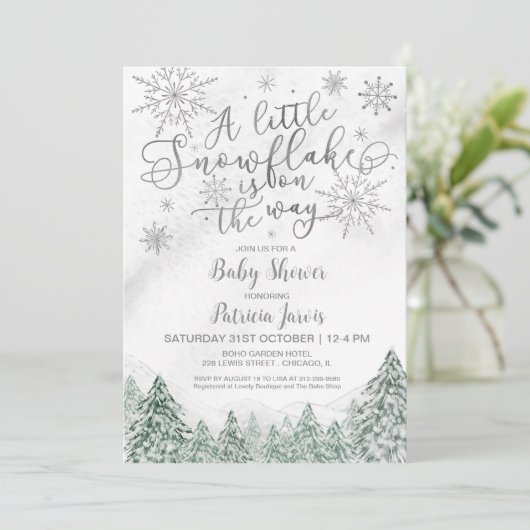 小さなスノーフレークグレーベビーシャワー招待状 招待状 (スタンド正面)