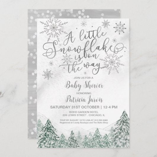 小さなスノーフレークグレーベビーシャワー招待状 招待状 (正面/裏面)