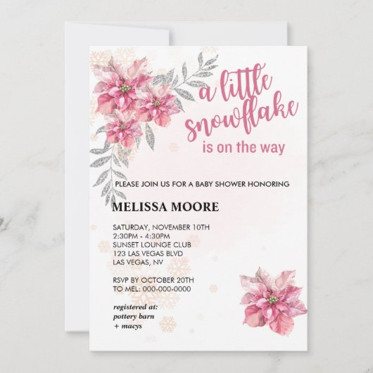 小さなスノーフレークピンクのスノーフレークピンクポインセチア 招待状 (正面)