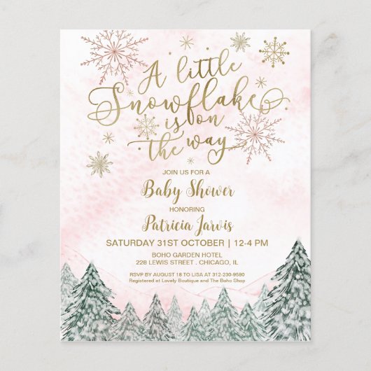 小さなスノーフレークピンクベビーシャワー招待状 (正面)