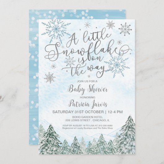 小さなスノーフレークブルーベビーシャワー招待状 招待状 (正面/裏面)