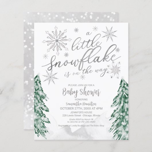 小さなスノーフレーク予算ベビーシャワー招待状 (正面/裏面)