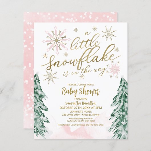 小さなスノーフレーク予算ベビーシャワー招待状 (正面/裏面)