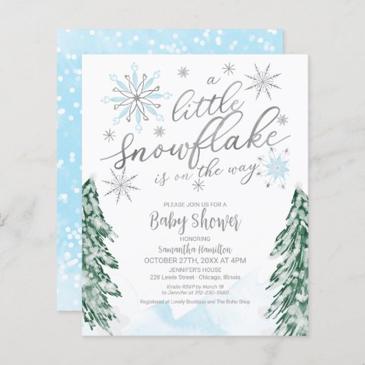 小さなスノーフレーク予算ベビーシャワー招待状 (正面/裏面)