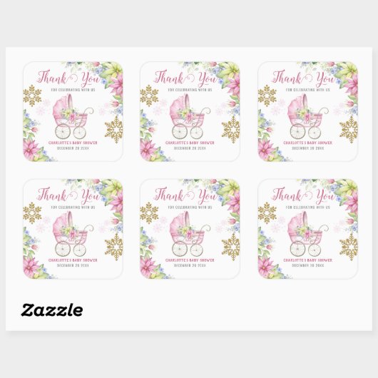 小さなスノーフレーク冬のフローラピンクの赤ちゃんシャワー スクエアシール (シート)