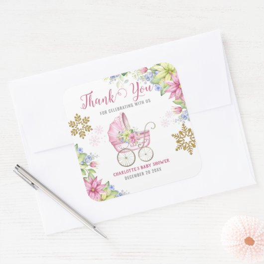 小さなスノーフレーク冬のフローラピンクの赤ちゃんシャワー スクエアシール (封筒)